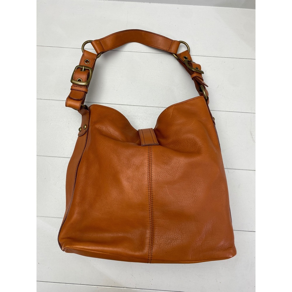 Etienne Aigner Leather Shoulder Bag Large Cognac Orange Brown Hobo Pocket Purse - Picture 3 of 16